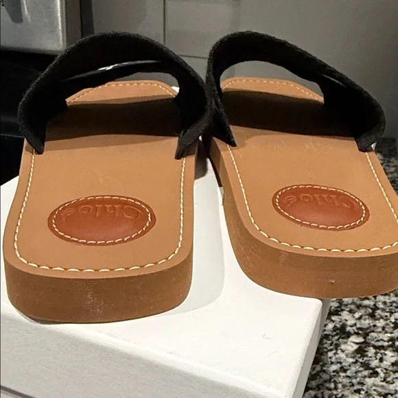 Chloé Black Canvas Logo Slide Sandals with Tan Footbed - Picture 6 of 8